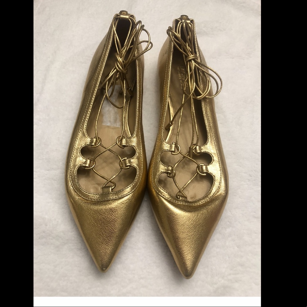 Michael Kors metalic gold lace up pointy flats NEW